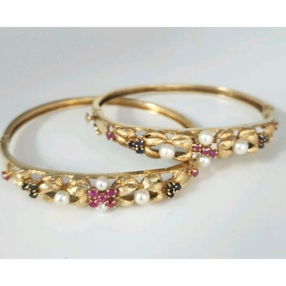 Set Of Antique 14k Yellow Gold Diamond,Pearls,Ruby &Sapphire Bangle Bracelets - Picture 2 of 16
